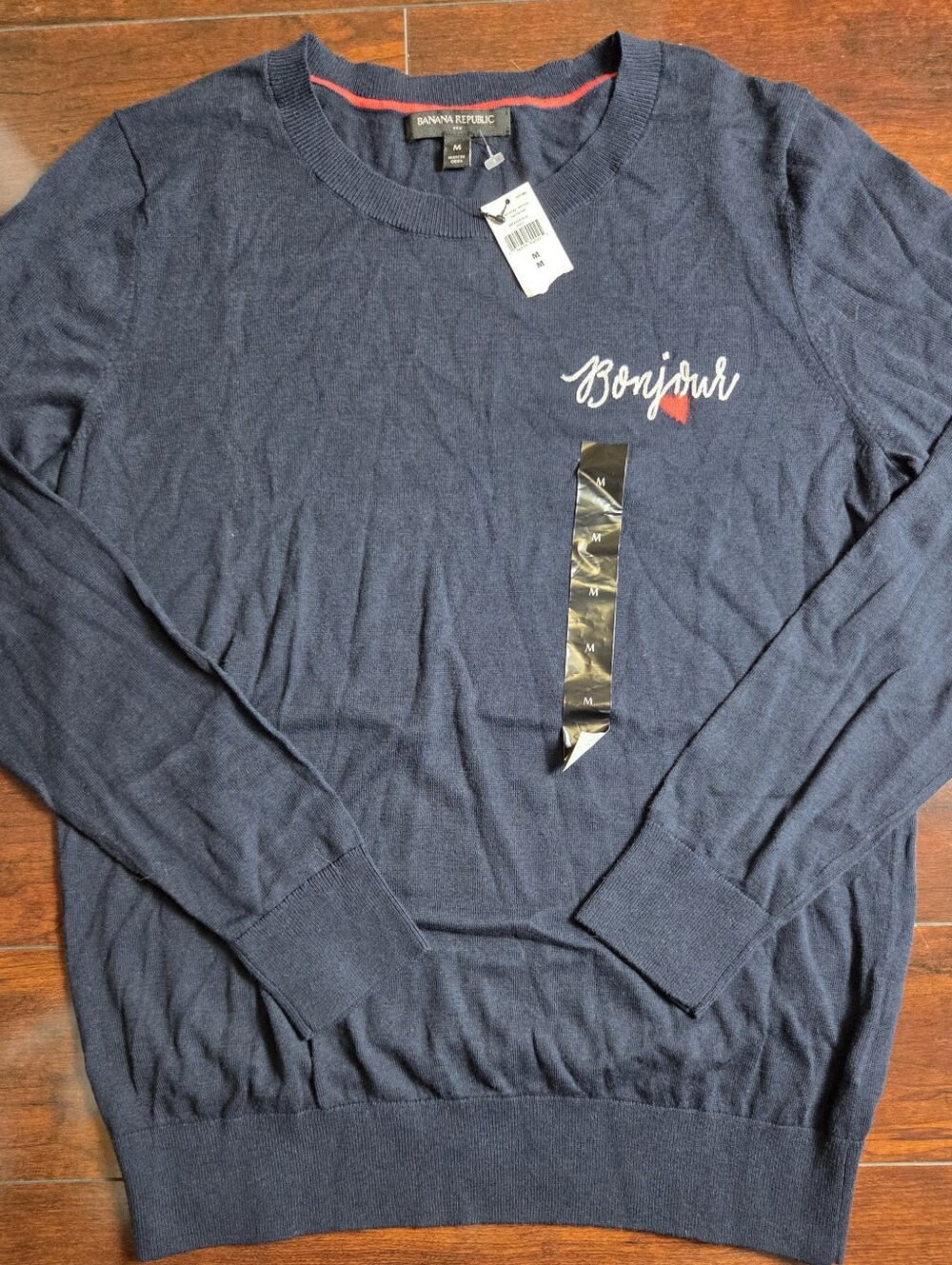 Banana Republic Navy Sweater with Red Heart and Bonjour Script